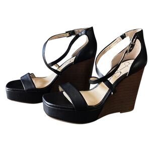 Jessica Simpson Samira 2 Open Toe Wedge Ankle Strap Black Heels Sandals 7.5